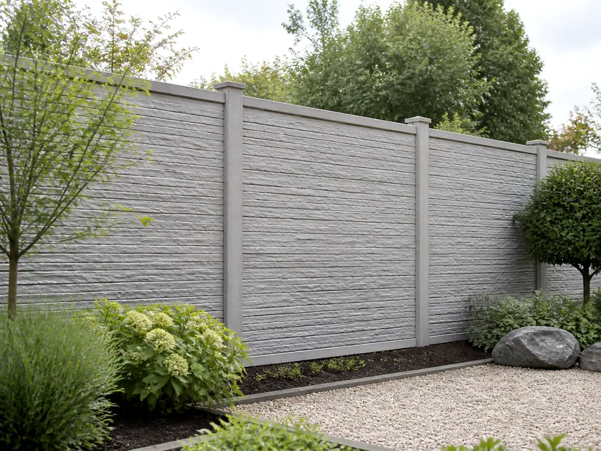 Light-grey slate-effect concrete fencing in a refined garden