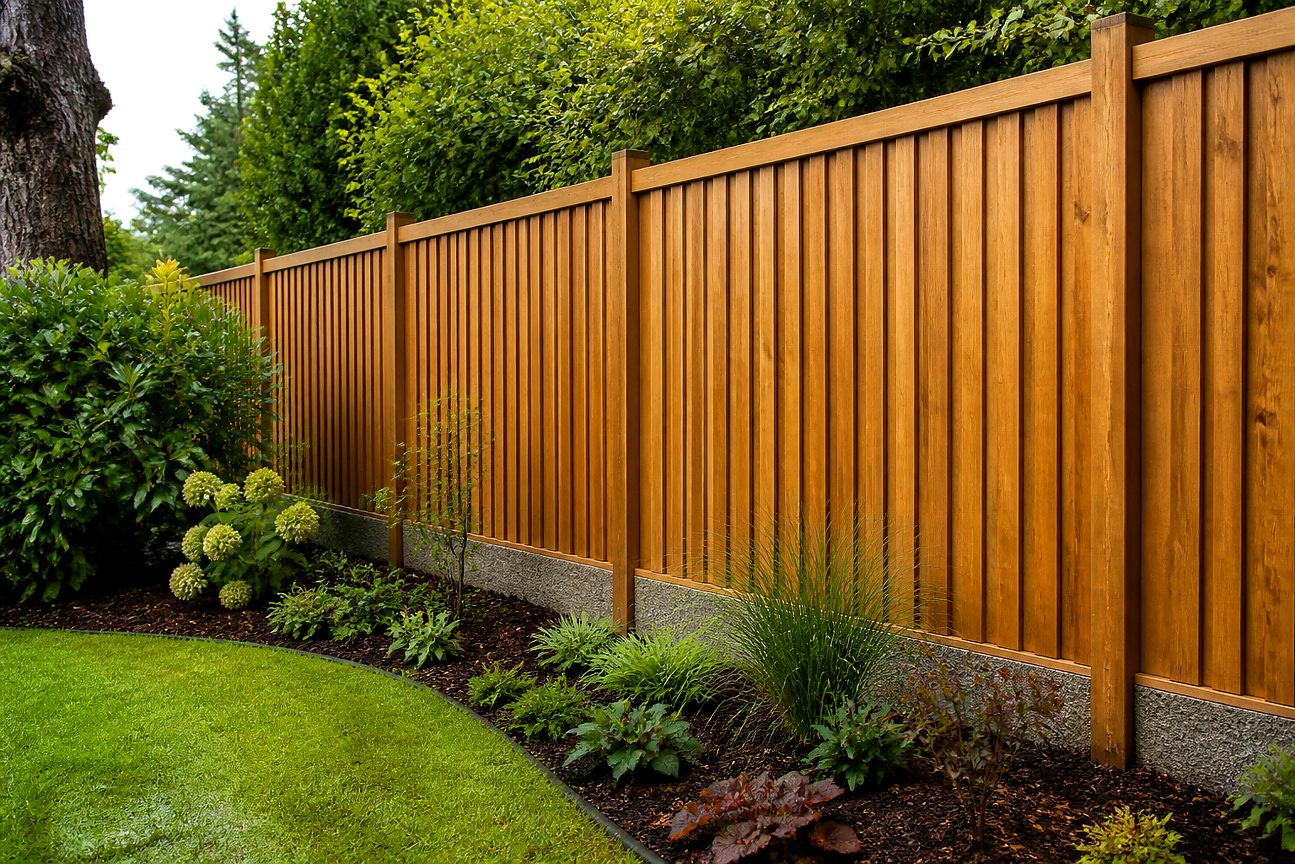 Newly installed warm timber garden fence with landscaped planting